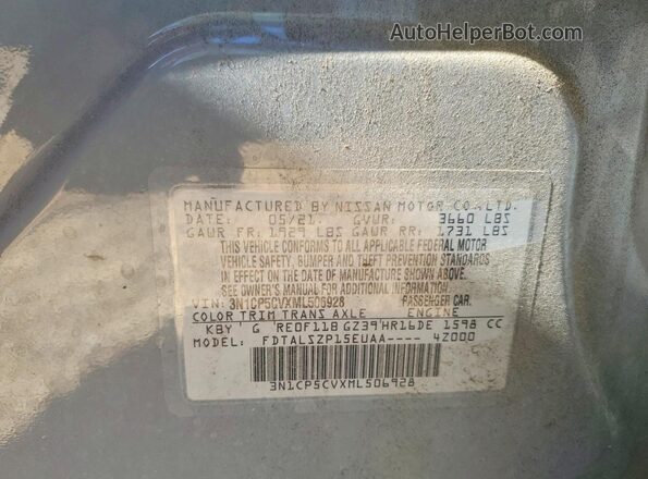 3N1CP5CVXML506928 2021 NISSAN KICKS Gray VIN კოდის სტიკერის ხედი