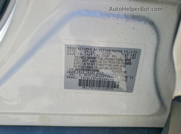 3N1CP5CVXML543493 2021 NISSAN KICKS White VIN կոդի պիտակի տեսք