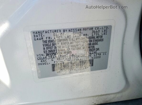 3N1CP5CVXNL481689 2022 NISSAN KICKS White Vista de la etiqueta del VIN