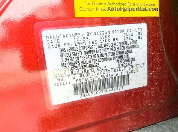 3N1CP5CVXRL485523 2024 NISSAN KICKS Red VIN კოდის სტიკერის ხედი