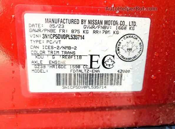 3N1CP5DV0PL535714 2023 NISSAN KICKS Red VIN კოდის სტიკერის ხედი