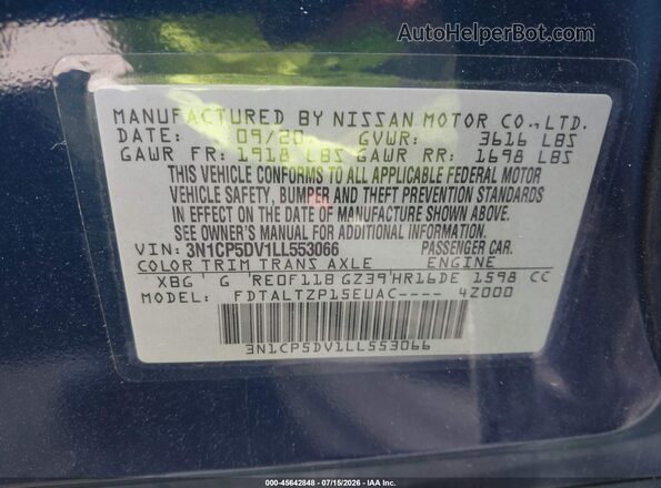 3N1CP5DV1LL553066 2020 NISSAN KICKS Blue Engine compartment view