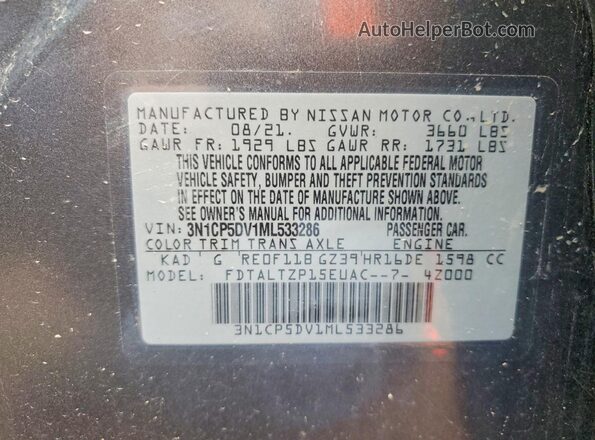 3N1CP5DV1ML533286 2021 NISSAN KICKS Charcoal VIN կոդի պիտակի տեսք