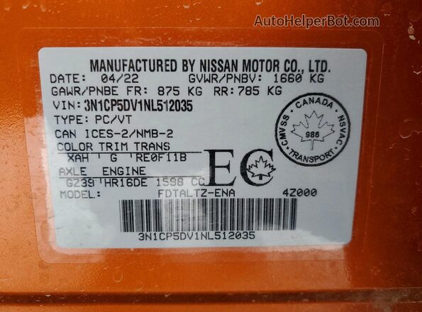 3N1CP5DV1NL512035 2022 NISSAN KICKS Orange Widok naklejki z numerem VIN