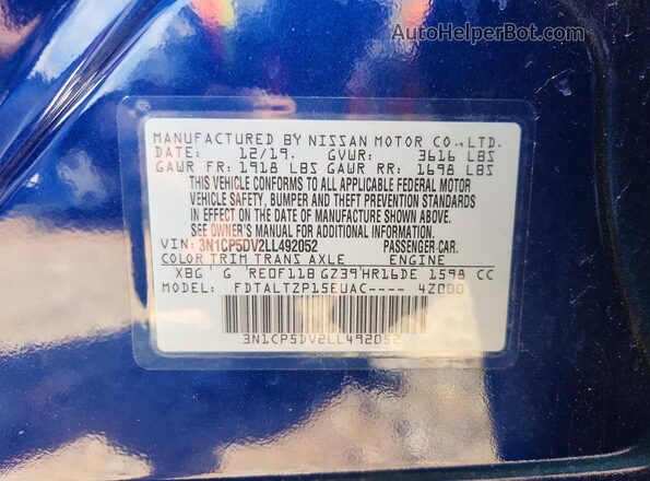 3N1CP5DV2LL492052 2020 NISSAN KICKS Blue Вид наклейки з VIN-кодом
