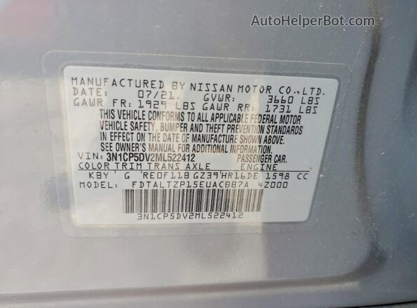3N1CP5DV2ML522412 2021 NISSAN KICKS Gray Вид наклейки з VIN-кодом