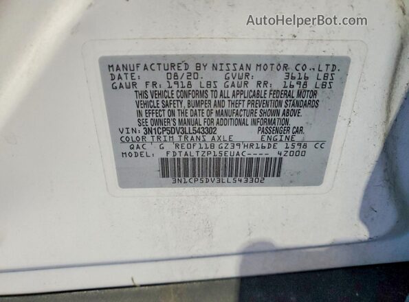 3N1CP5DV3LL543302 2020 NISSAN KICKS Белый Вид наклейки с VIN-кодом