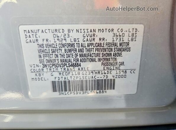 3N1CP5DV3PL546884 2023 NISSAN KICKS Gray VIN կոդի պիտակի տեսք