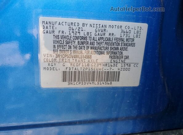 3N1CP5DV4ML514568 2021 NISSAN KICKS Blue VIN sticker view