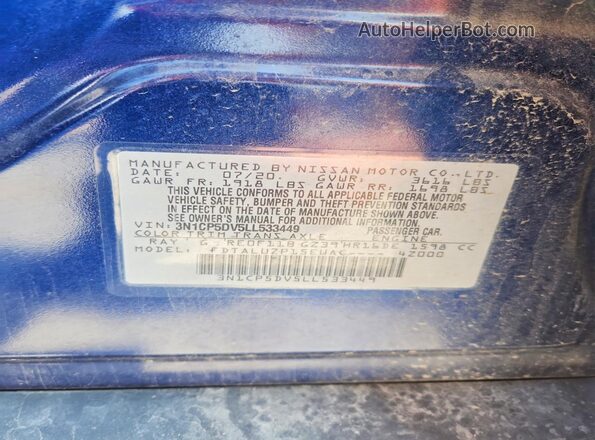 3N1CP5DV5LL533449 2020 NISSAN KICKS Blue Вид наклейки з VIN-кодом