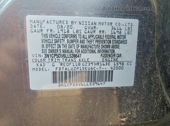 3N1CP5DV6LL539647 2020 NISSAN KICKS Gray Вид наклейки з VIN-кодом