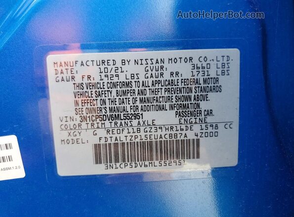 3N1CP5DV6ML552951 2021 NISSAN KICKS Blue VIN კოდის სტიკერის ხედი