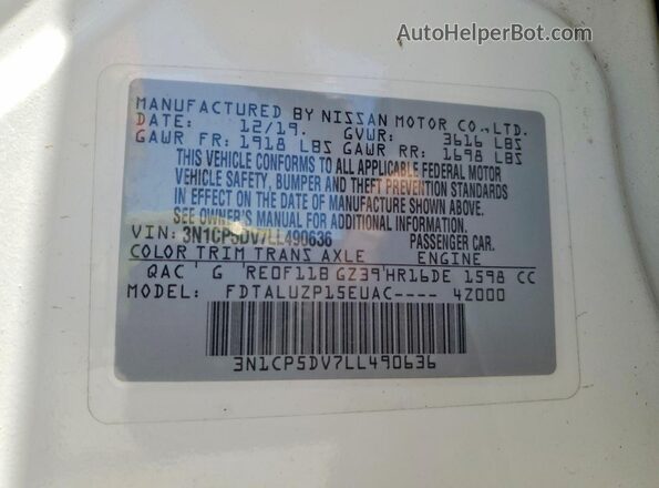 3N1CP5DV7LL490636 2020 NISSAN KICKS White VIN կոդի պիտակի տեսք