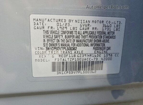 3N1CP5DV7PL500362 2023 NISSAN KICKS Silver Vista de la etiqueta del VIN