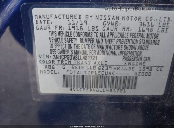 3N1CP5DV8LL481721 2020 NISSAN KICKS Blue Շարժիչի բաժամունքի տեսք