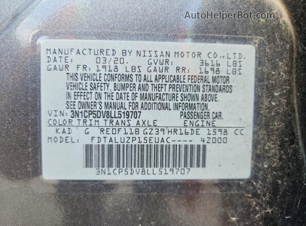 3N1CP5DV8LL519707 2020 NISSAN KICKS Gray VIN կոդի պիտակի տեսք