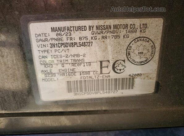 3N1CP5DV8PL548727 2023 NISSAN KICKS Black Вид наклейки з VIN-кодом