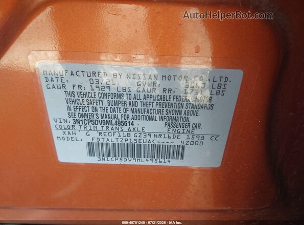 3N1CP5DV9ML495614 2021 NISSAN KICKS Orange ძრავის განყოფილების ხედი
