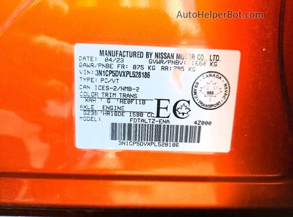 3N1CP5DVXPL528186 2023 NISSAN KICKS Orange Vista de la etiqueta del VIN