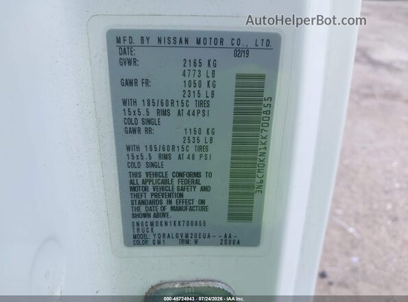 3N6CM0KN1KK700855 2019 NISSAN NV200 White Widok komory silnika