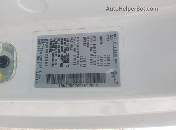 3N6CM0KN2KK699005 2019 NISSAN NV200 White Widok naklejki z numerem VIN