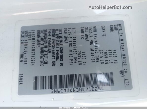 3N6CM0KN3HK710294 2017 NISSAN NV200 White ძრავის განყოფილების ხედი