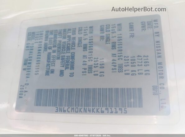 3N6CM0KN4KK691195 2019 NISSAN NV200 White Vista del compartimento del motor