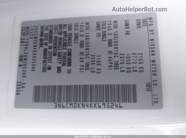 3N6CM0KN4KK695246 2019 NISSAN NV200 White Շարժիչի բաժամունքի տեսք