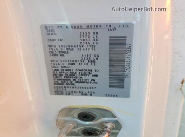 3N6CM0KN8JK693367 2018 NISSAN NV200 White Vista de la etiqueta del VIN