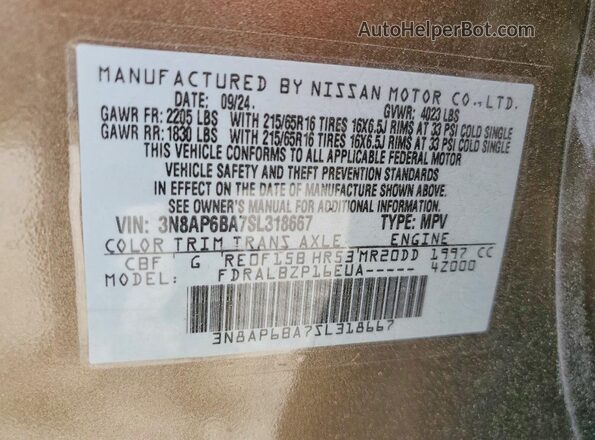 3N8AP6BA7SL318667 2025 NISSAN KICKS Tan VIN կոդի պիտակի տեսք