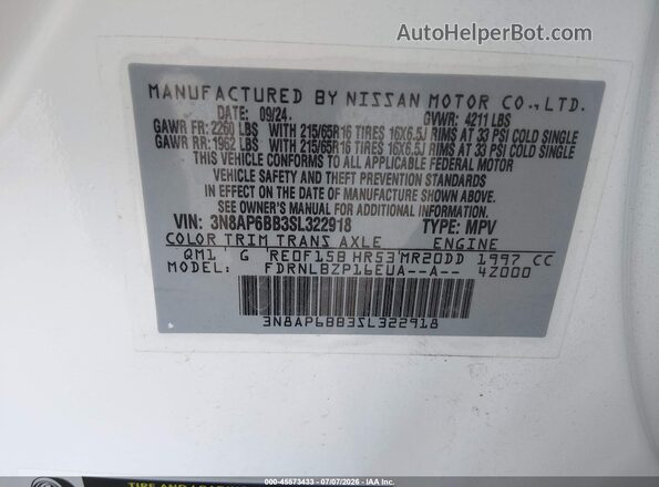 3N8AP6BB3SL322918 2025 NISSAN KICKS Белый Вид подкапотного пространства