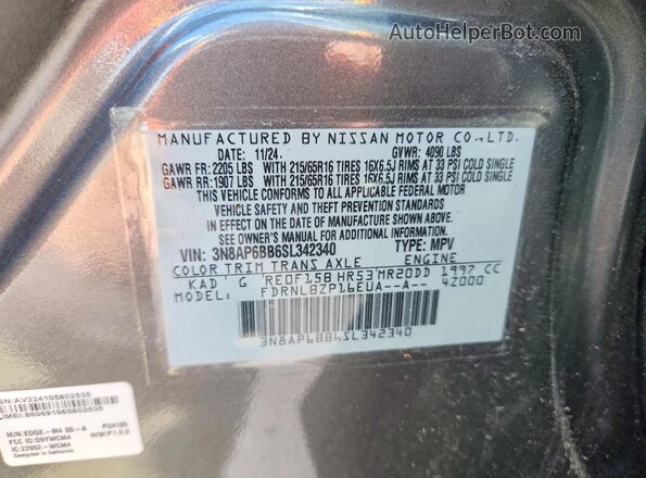 3N8AP6BB6SL342340 2025 NISSAN KICKS Gray Widok naklejki z numerem VIN