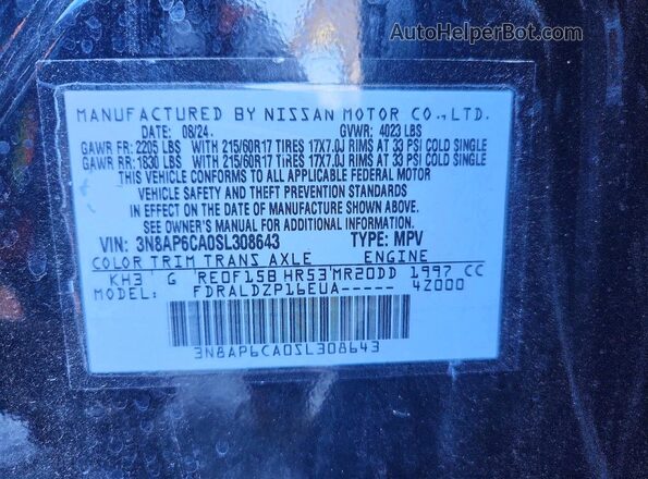 3N8AP6CA0SL308643 2025 NISSAN KICKS Black VIN sticker view