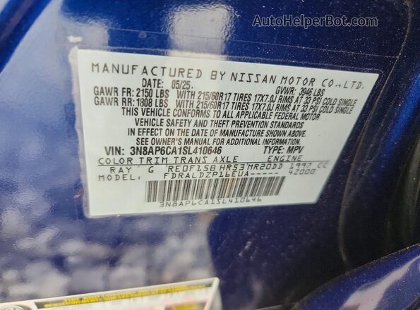 3N8AP6CA1SL410646 2025 NISSAN KICKS Blue VIN კოდის სტიკერის ხედი