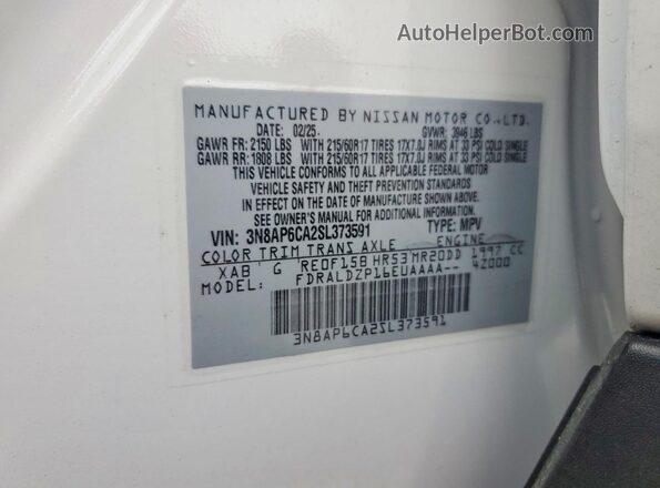 3N8AP6CA2SL373591 2025 NISSAN KICKS White Вид наклейки з VIN-кодом