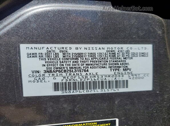 3N8AP6CB2SL315764 2025 NISSAN KICKS Charcoal VIN კოდის სტიკერის ხედი