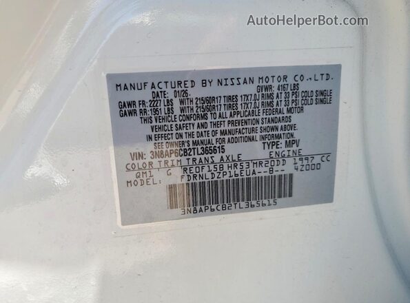 3N8AP6CB2TL365615 2026 NISSAN KICKS White VIN კოდის სტიკერის ხედი