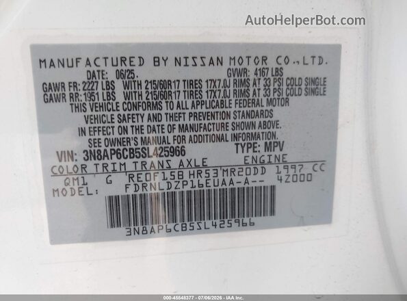 3N8AP6CB5SL425966 2025 NISSAN KICKS White Շարժիչի բաժամունքի տեսք