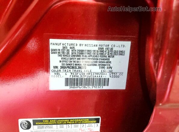 3N8AP6CB6SL390323 2025 NISSAN KICKS Red Vista de la etiqueta del VIN