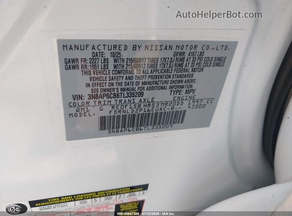 3N8AP6CB6TL335209 2026 NISSAN KICKS White Vista del compartimento del motor