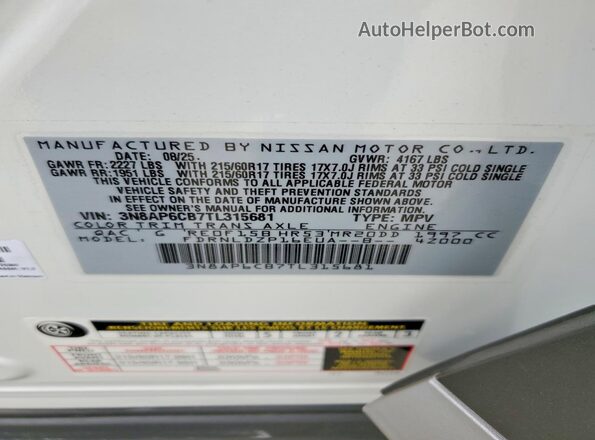 3N8AP6CB7TL315681 2026 NISSAN KICKS White VIN sticker view