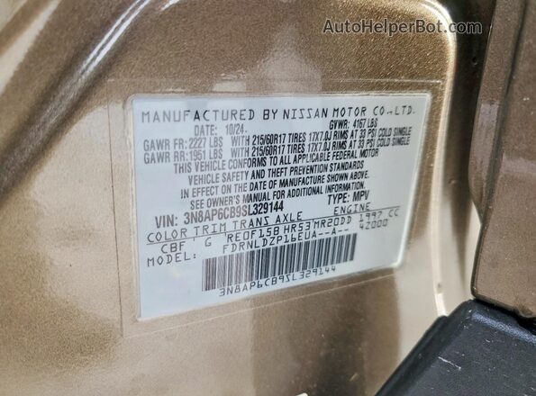 3N8AP6CB9SL329144 2025 NISSAN KICKS Tan VIN კოდის სტიკერის ხედი