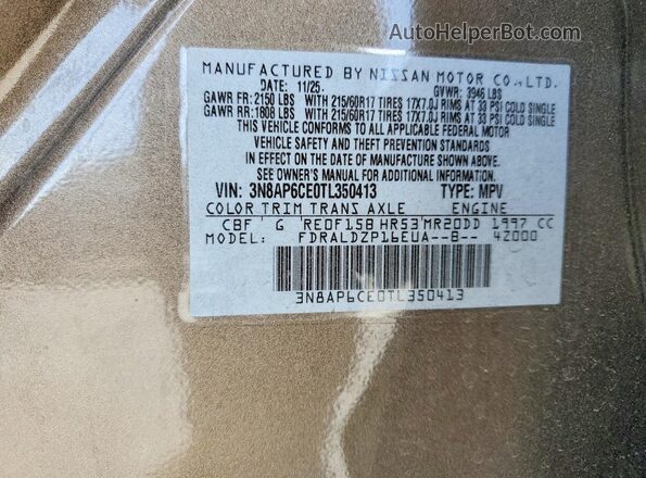 3N8AP6CE0TL350413 2026 NISSAN KICKS Brown VIN sticker view