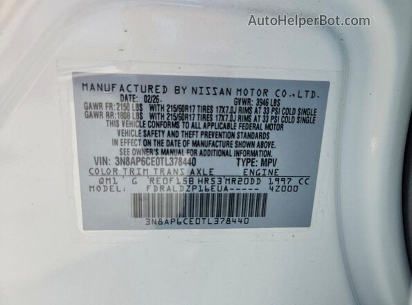 3N8AP6CE0TL378440 2026 NISSAN KICKS White 360 interior view