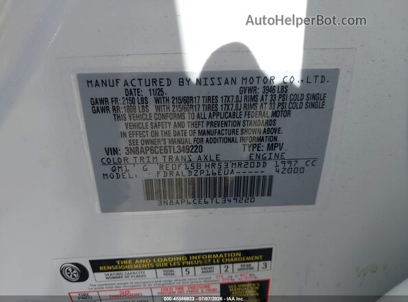 3N8AP6CE6TL349220 2026 NISSAN KICKS White Vista del compartimento del motor
