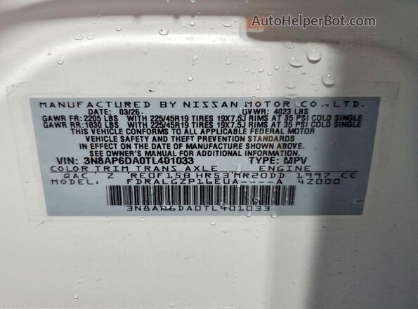 3N8AP6DA0TL401033 2026 NISSAN KICKS White Widok naklejki z numerem VIN
