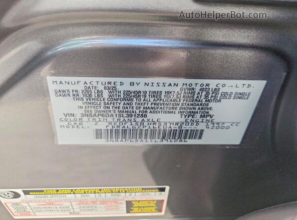 3N8AP6DA1SL391286 2025 NISSAN KICKS Gray VIN sticker view