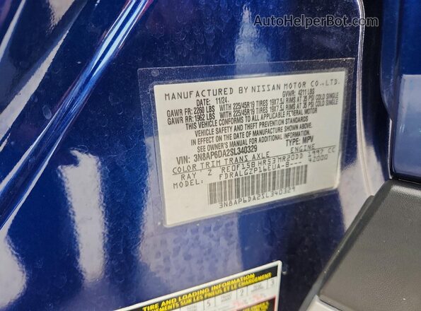 3N8AP6DA2SL340329 2025 NISSAN KICKS Blue Vista de la etiqueta del VIN