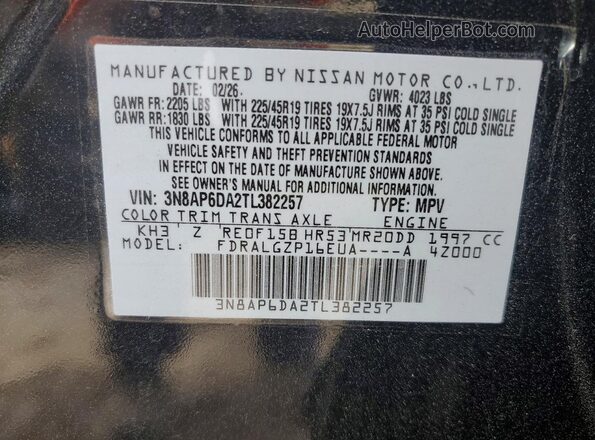 3N8AP6DA2TL382257 2026 NISSAN KICKS Black VIN კოდის სტიკერის ხედი