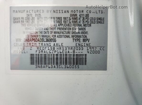 3N8AP6DA3SL360055 2025 NISSAN KICKS White VIN კოდის სტიკერის ხედი